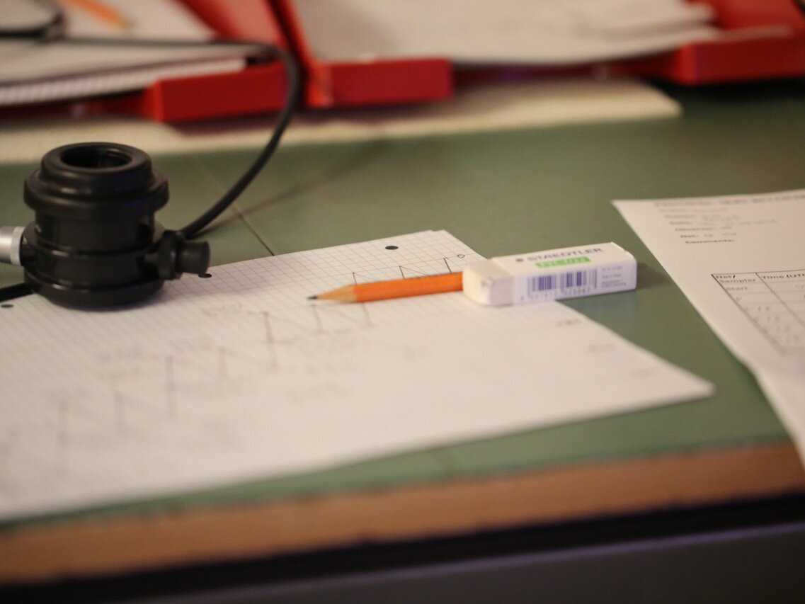 Ein Tisch mit Protokollen und Schreibgeräten.