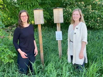Die Wissenschaftlerinnen Petra Dieker und Swantje Grabener stehen im Freiland an zwei MonVia-Nisthilfen.