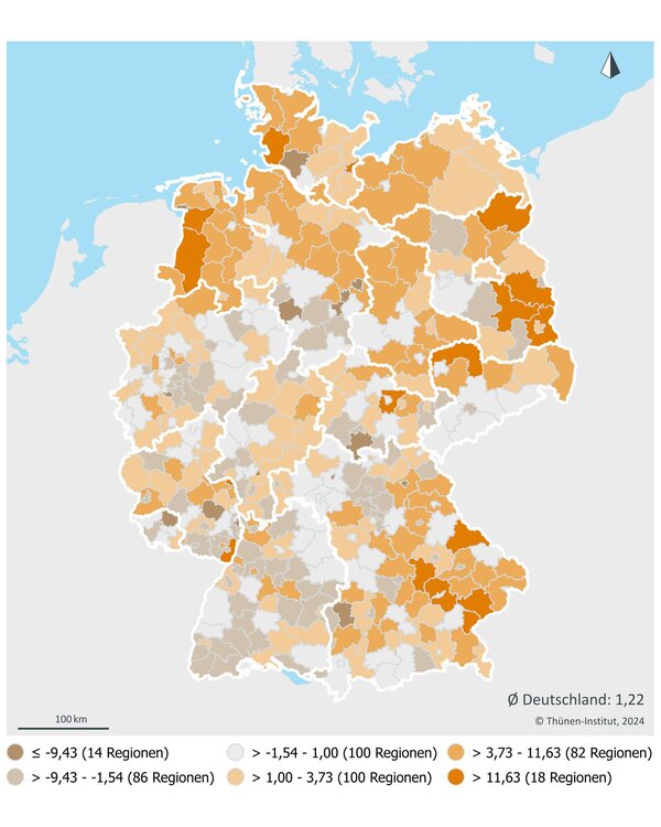 Karte 1: Änderung der Bruttowertschöpfung 2019-2022 in konstanten Preisen und % (Kreise). 