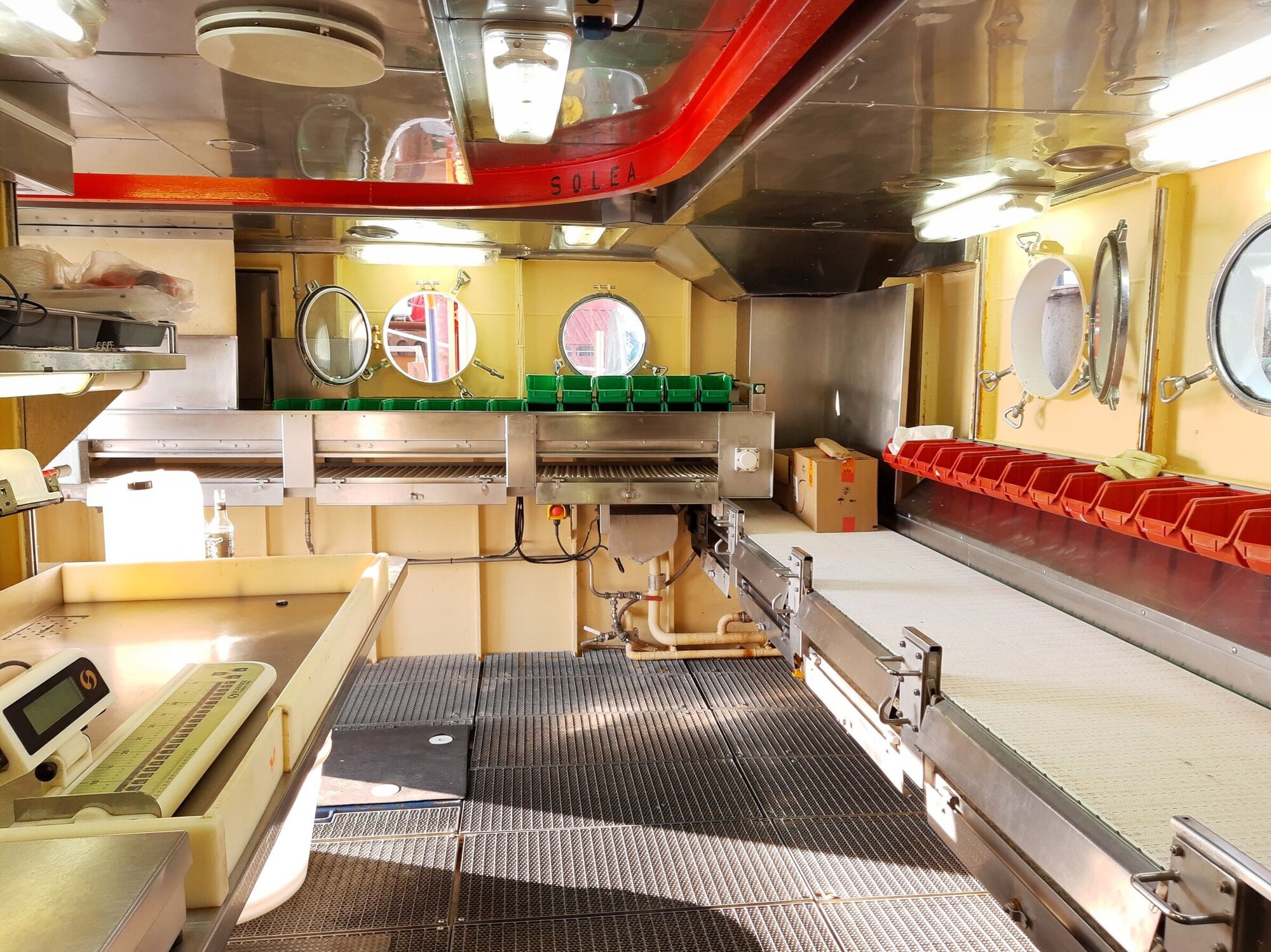 Im Fischlabor ist alles bereit. Das Innere eines Fischlabors auf einem Forschungsschiff, sauber und aufgeräumt.