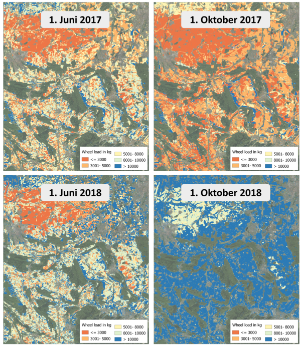 Four satellite images showing fields colored orange, beige, and blue. Above the images are the dates June 1, 2017, October 1, 2017, June 1, 2018, and October 1, 2018. A legend for the colors is shown at the bottom right.