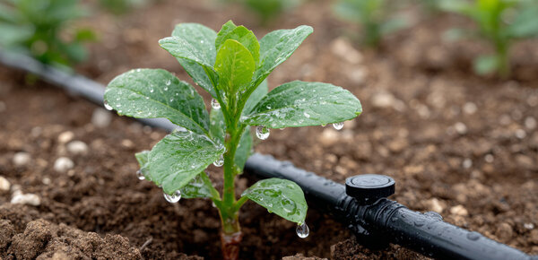 A small plant with water droplets hanging from it; next to it lies a black plastic pipe with your spray nozzle.