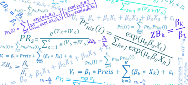 Komplizierte Gleichungen stehen durcheinander auf weißem Hintergrund