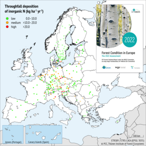 Räumliche Verteilung der Stickstoff-Deposition in europäischen Wäldern im Jahr 2020 