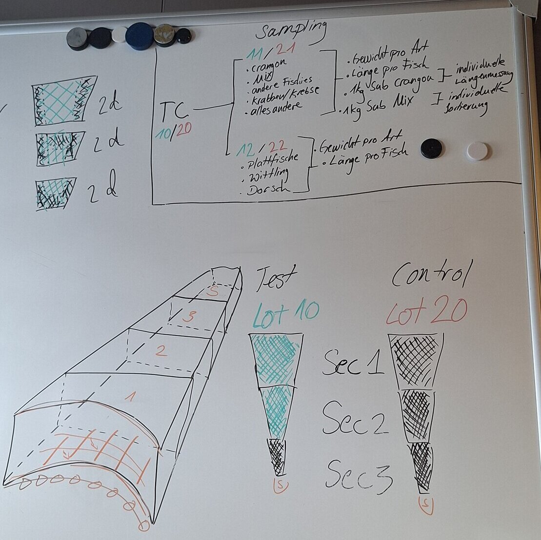 Auf einem Whitebord siind die einzelnen Teile des Netzendes aufgemalt und die verschiedenen Probenorte eingezeichnet. 