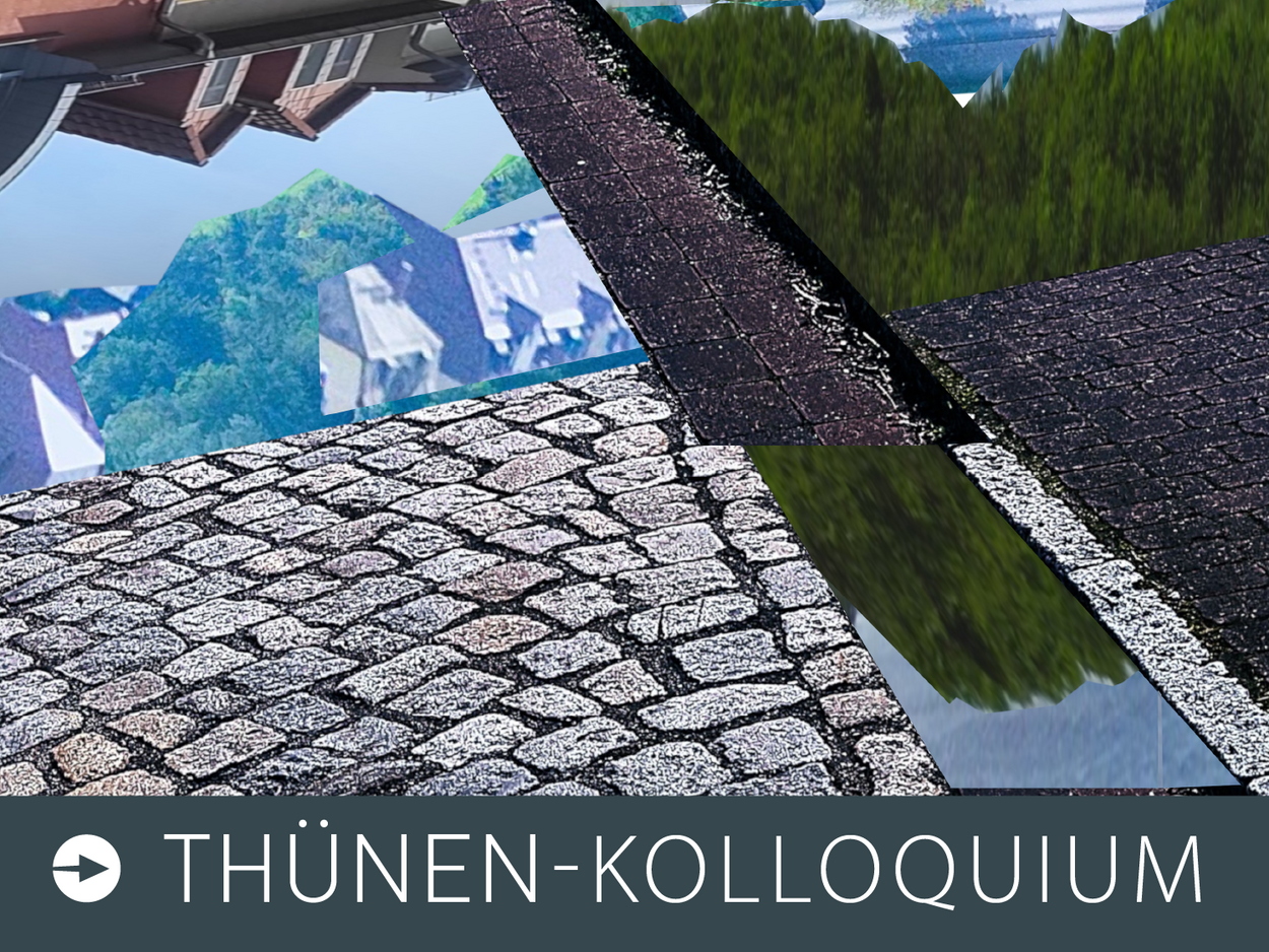 Eine abstrakte Collage von Häusern, Kopfsteinpflaster und Wald