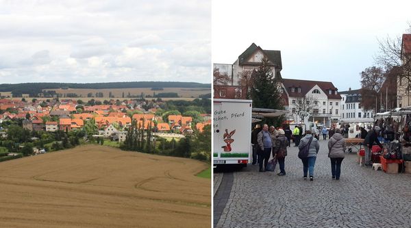 Zweigeteiltes Bild: Linke Seite Blick auf ein Dorf aus der Vogelperspektive, rechte Seite Wochenmarkt mit Menschen