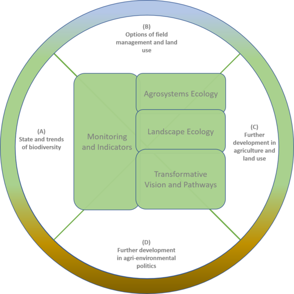 The four Fields of Activity of the Institute of Biodiversity and their relation to the four guiding questions of long-term research planning.