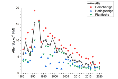 Grafik mit sinkenden Cäsium-137-Gehalten in verschiedenen Fischarten seit 1985. 