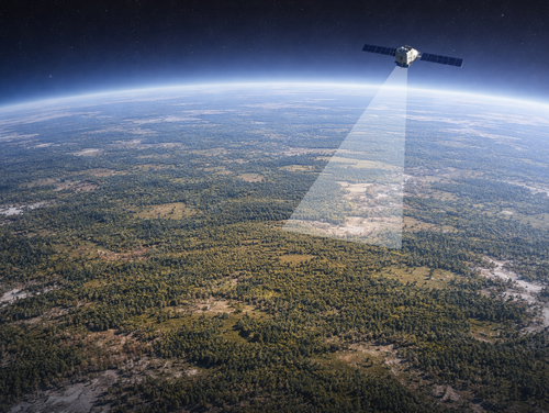 A satellite hovers above the Earth, shining a spotlight on a patch of woodland.