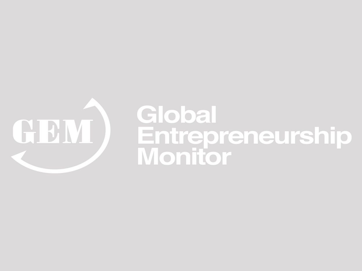 Das Logo Global Entrepreneurship Monitor (GEM) auf grauem Hintergrund