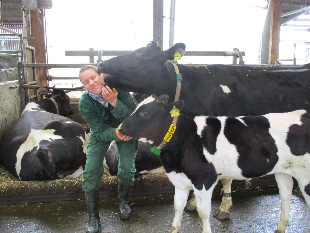 Anina Vogt steht im Kuhstall mit Kuh und Kalb