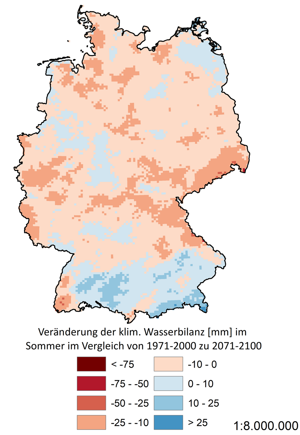 Eine Deutschlandkarte zeigt die Veränderung der klimatischen Wasserbilanz im Sommer unter dem Klimaszenario „Begrenzter Klimaschutz“ (RCP 4.5).