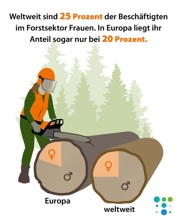 Eine Grafik einer Forstarbeiterin die einen von 2 Baumstämmen zersägt, in deren Stämmen Kreisdiagramme für die Verteilung des männlichen und weiblichen Geschlechtes sind.