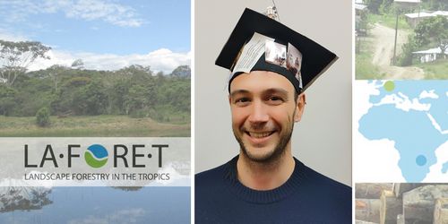 A portrait of Ruben Weber with a doctor's hat and the Laforet logo, landscapes and a map with Laforet research locations in the background.