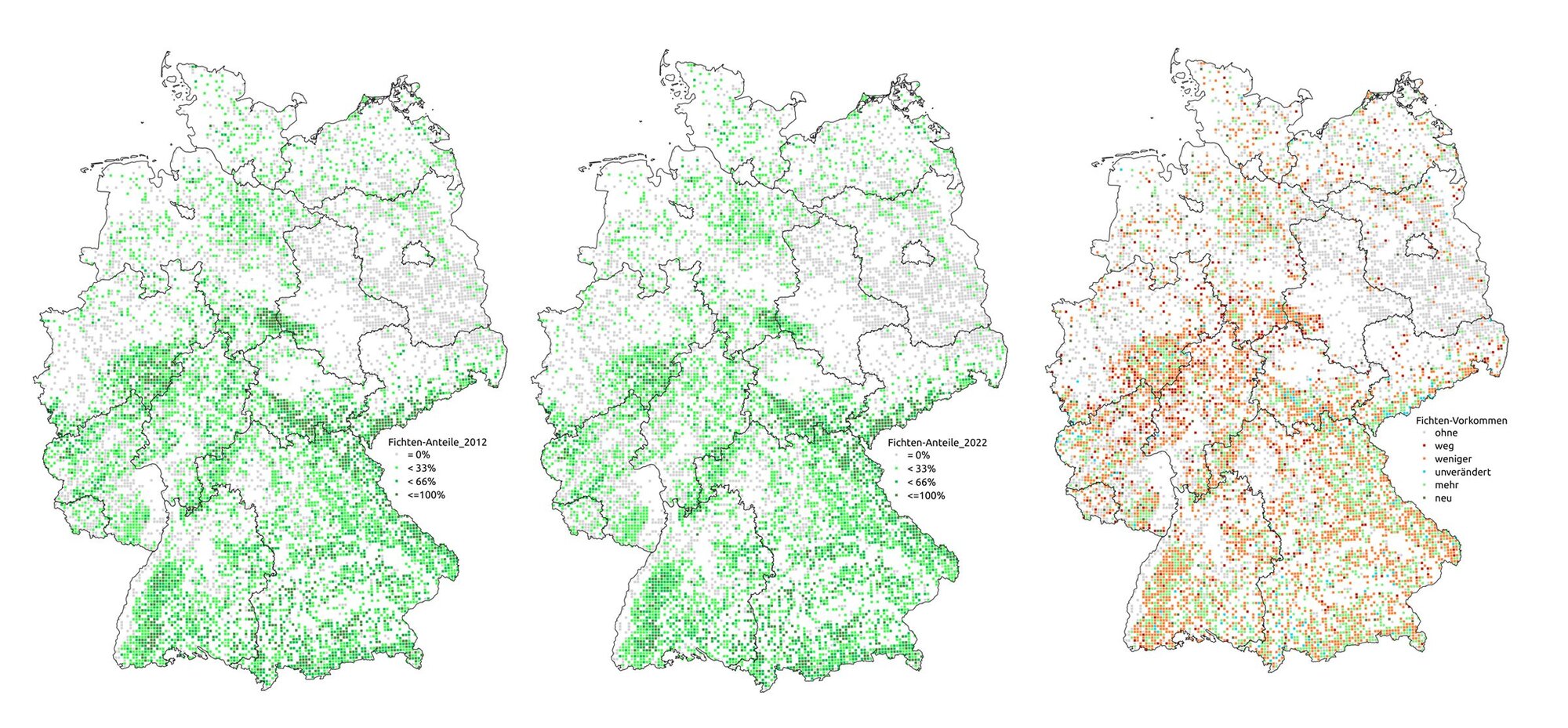 Auf der Karte links zu sehen sind die Fichtenstandorte 2012 und in der Mitte die Fichtenstandorte 2022. Die Karte rechts zeigt die Veränderung von 2012 und 2022. Drei Deutschlandkarten mit Fichtenstandorten nebeneinander.