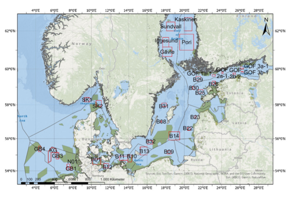 Eine Karte der Nord und Ostee, es sind insgesammt 8 Stationen in der Nordsee und 29 in der Ostsee.
