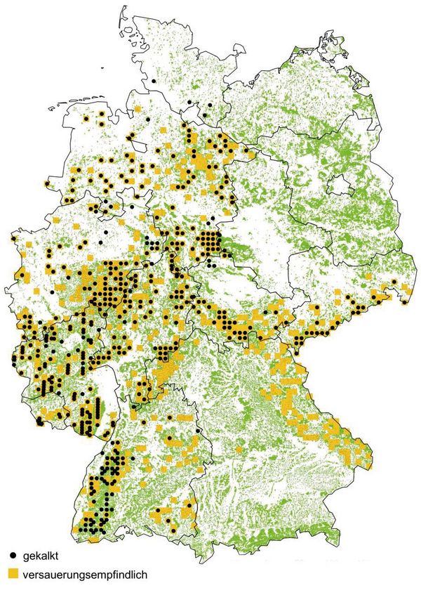 Eine Deutschlandkarte auf der Punkte markiert sind an denen der Boden gekalkt oder versauerungsempfindlich ist