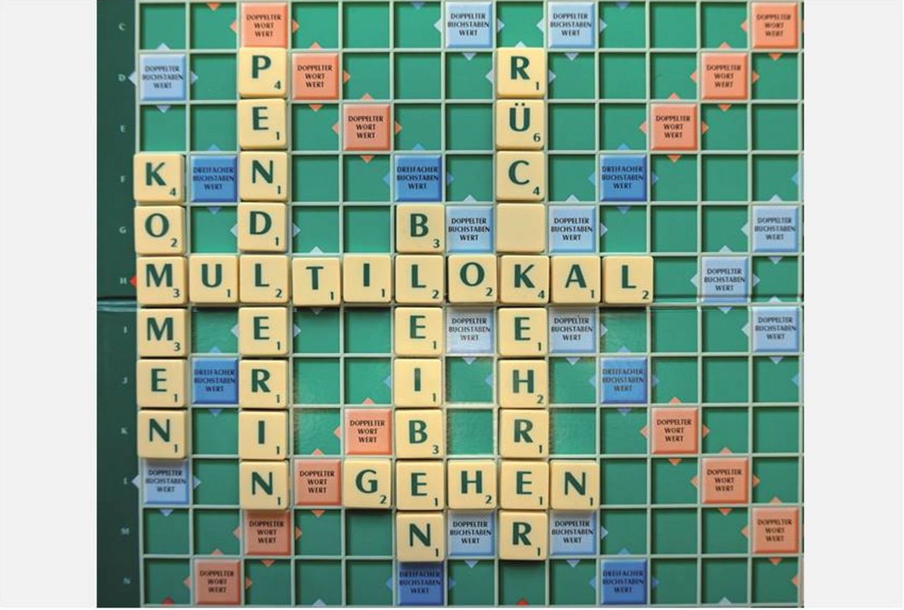 Board for playing crossword with keywords of migration research.