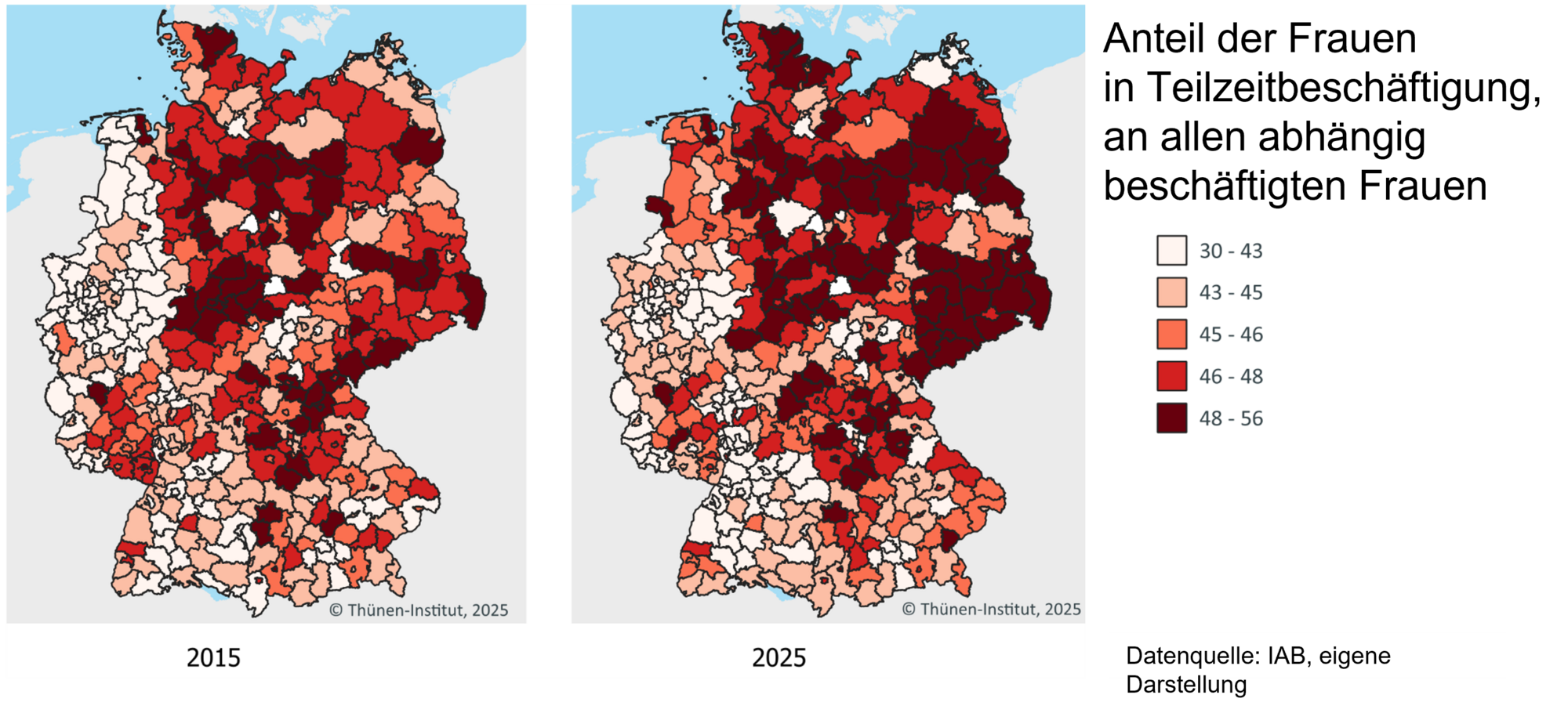 Es sind zwei Deutschlandkarten nebeneinander die die Teilzeitquote mit farbig unterschiedlichen Farben zeigt.