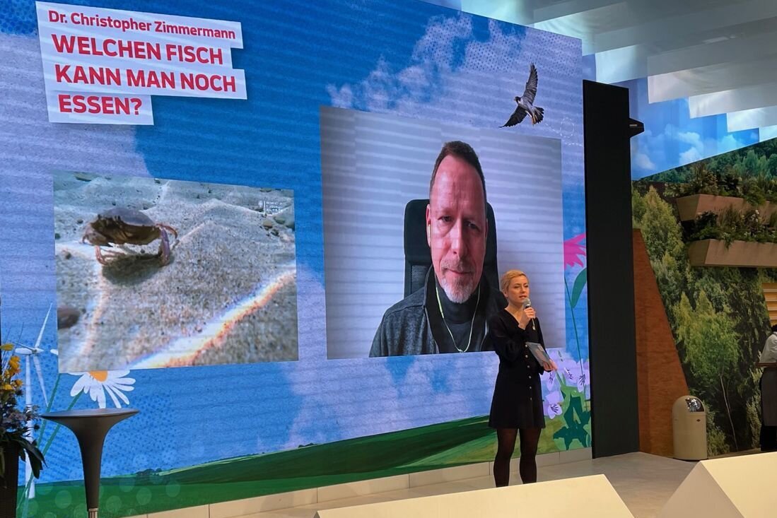 Die Bühne in der BMEL-Halle mit der Moderatorin und dem online zugeschalteten Interviewpartner.