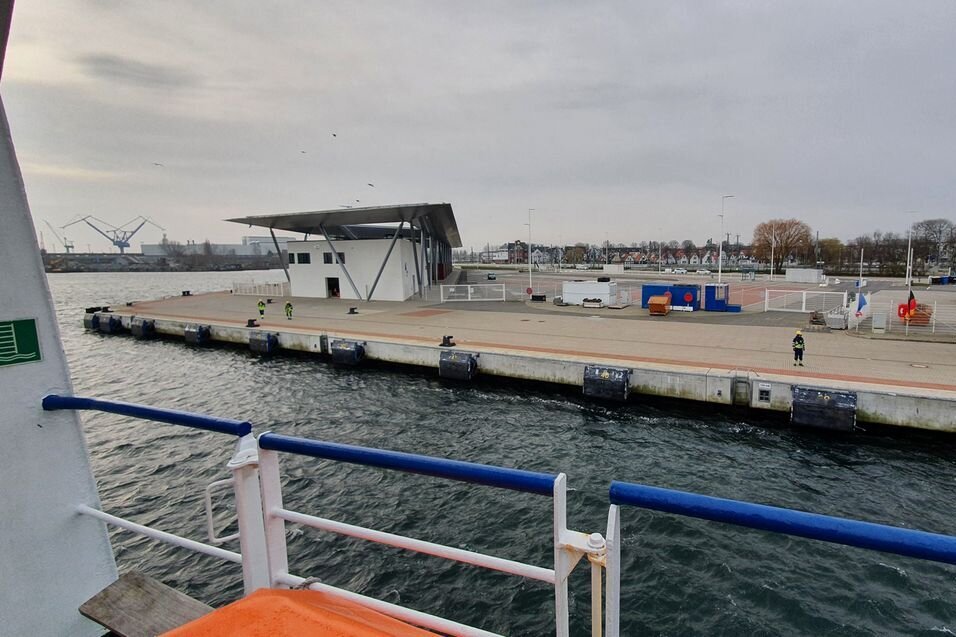 We moor the ship in Warnemünde, you can see the mooring place