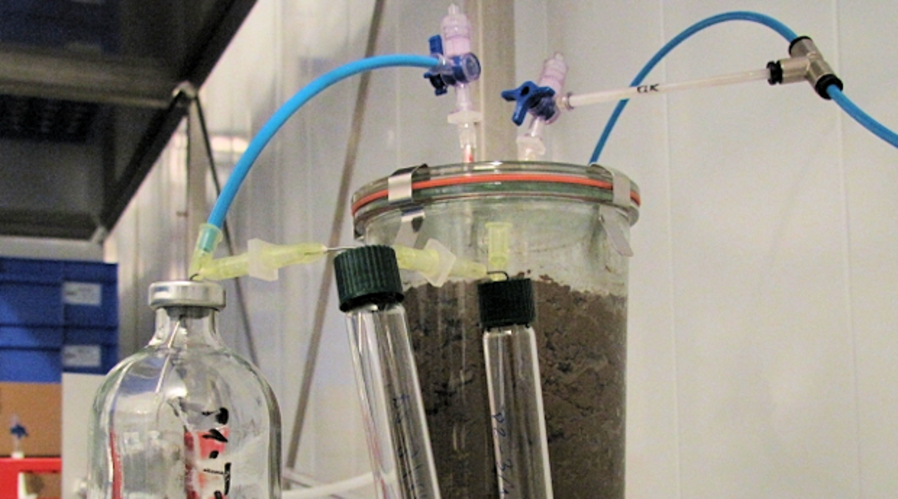 Bodeninkubationssystem im Labor mit Beprobungsgefäßen für die, aus dem Boden, emittierten Gase.