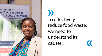 Portrait of Sharon Mada and the quoted text:"To effectively reduce food waste, we need to understand its causes."