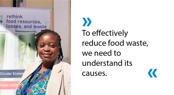 Portrait of Sharon Mada and the quoted text:"To effectively reduce food waste, we need to understand its causes."