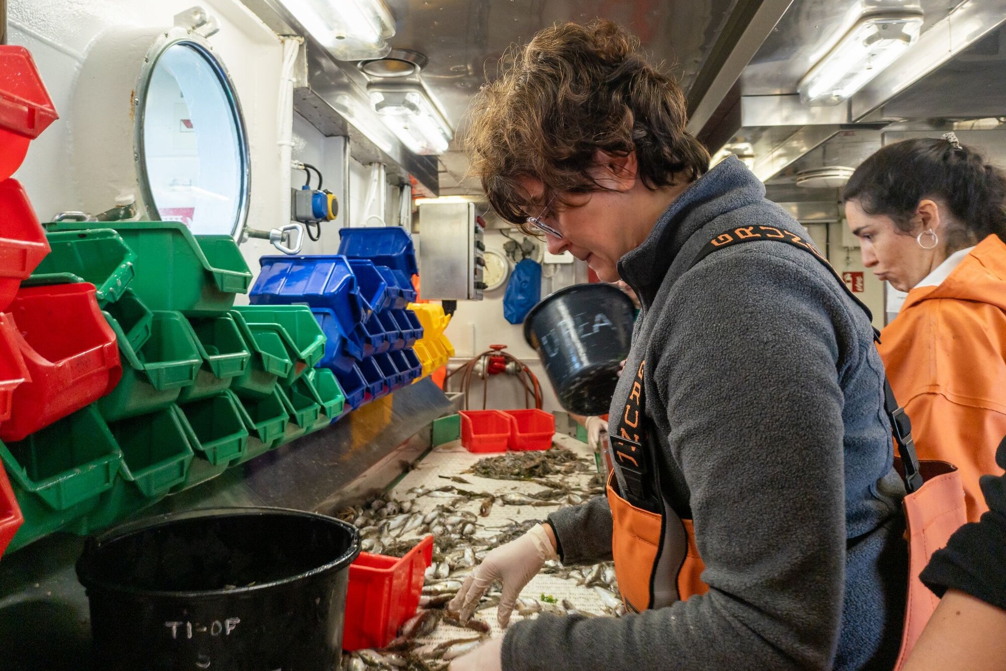 Verona sortiert am Band Wittling und Plattfische heraus. Eine Frau steht am Fließband auf dem der Fang liegt.