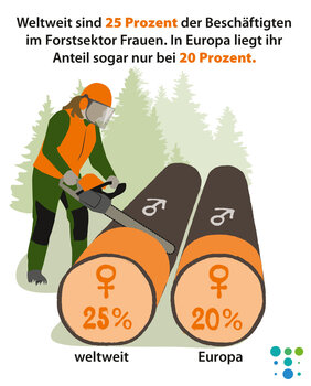A figure of a female forestry worker sawing through one of two tree trunks. The tree trunks serve as a bar chart representing Europe and the rest of the world. On both tree trunks, the women’s sector is highlighted in orange and is being sawed off by the forestry worker.