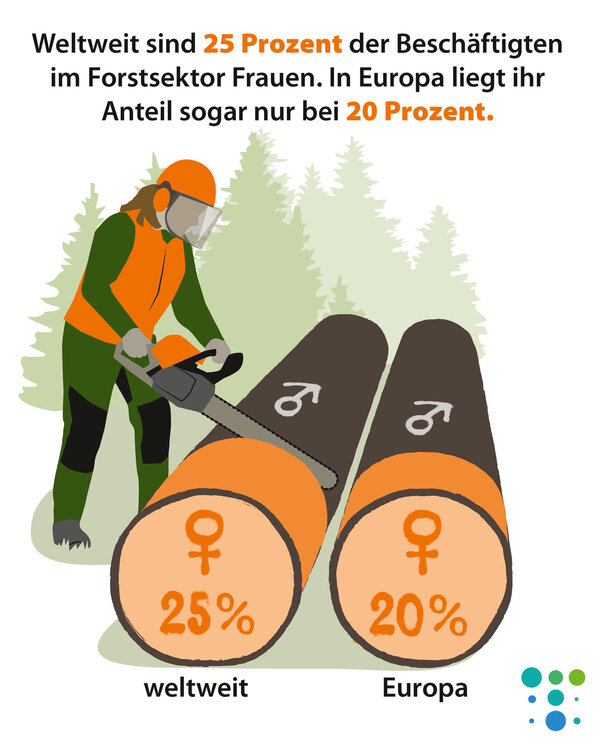 Eine Grafik einer Forstarbeiterin die einen von 2 Baumstämmen zersägt. Die Baumstämme dienen als Balkendiagramm für Europa und weltweit. An beiden Baumstämmen ist der Frauensektor orange markiert und wird von der Waldarbeiterin abgesägt.