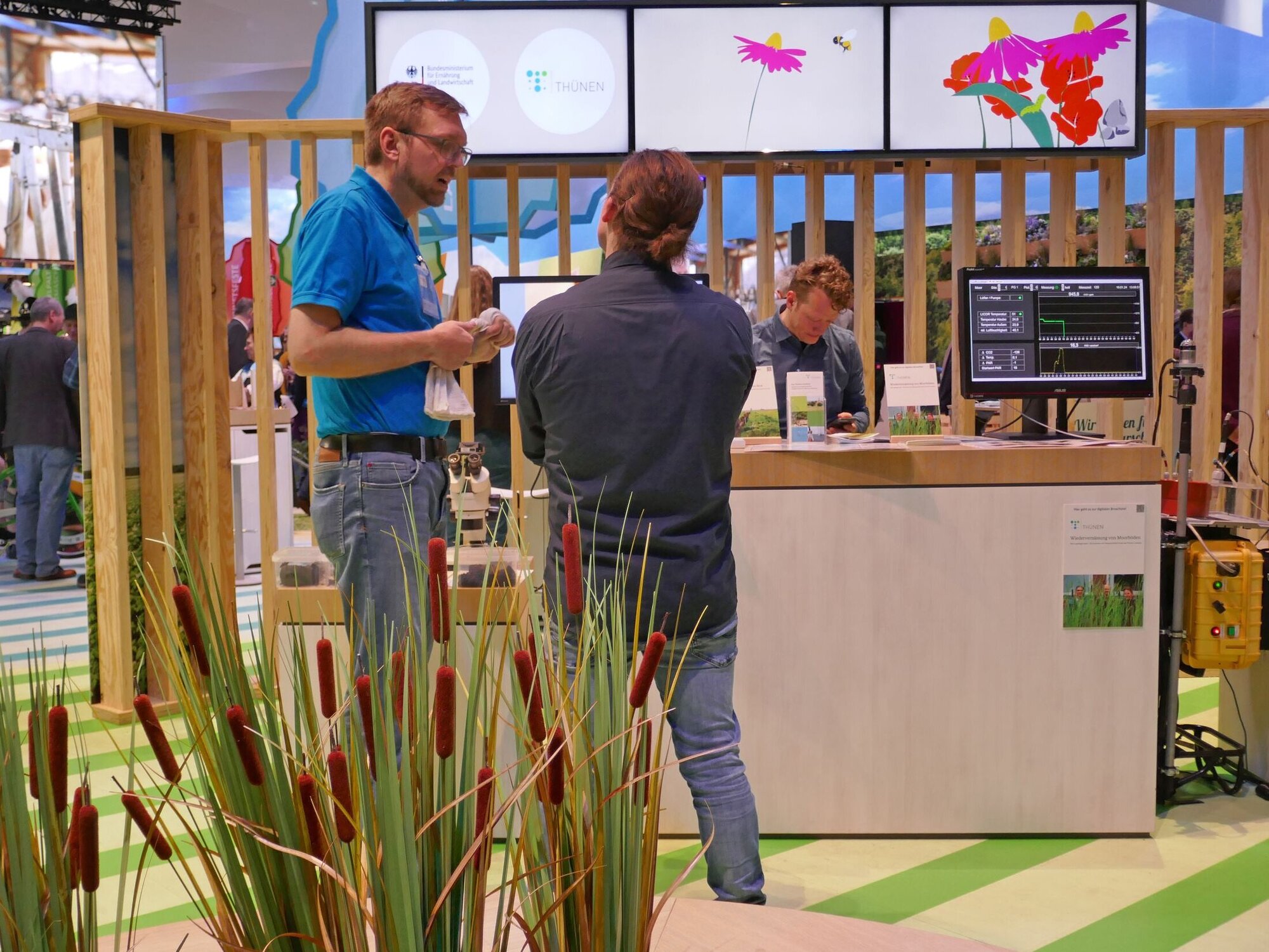 Zwei Personen diskutieren. Im Vordergrund Rohrkolbenpflanzen.