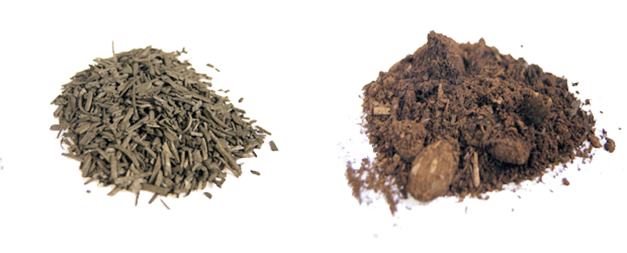 (left): Biochars from pyrolysis; (right): Biochars from hydrothermal carbonization process