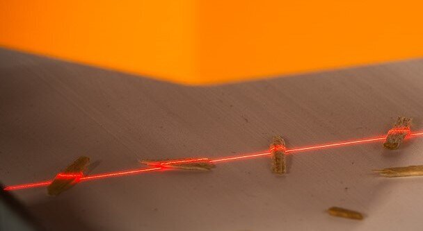 Auf Förderband und Späne projizierte Laserlinie