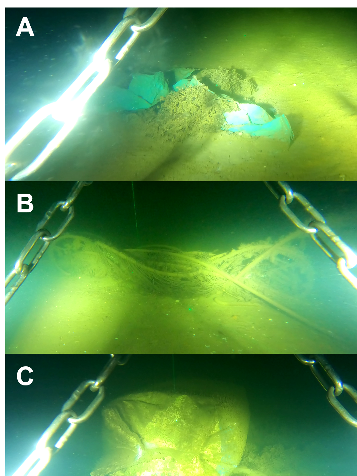 Underwater images of marine litter.