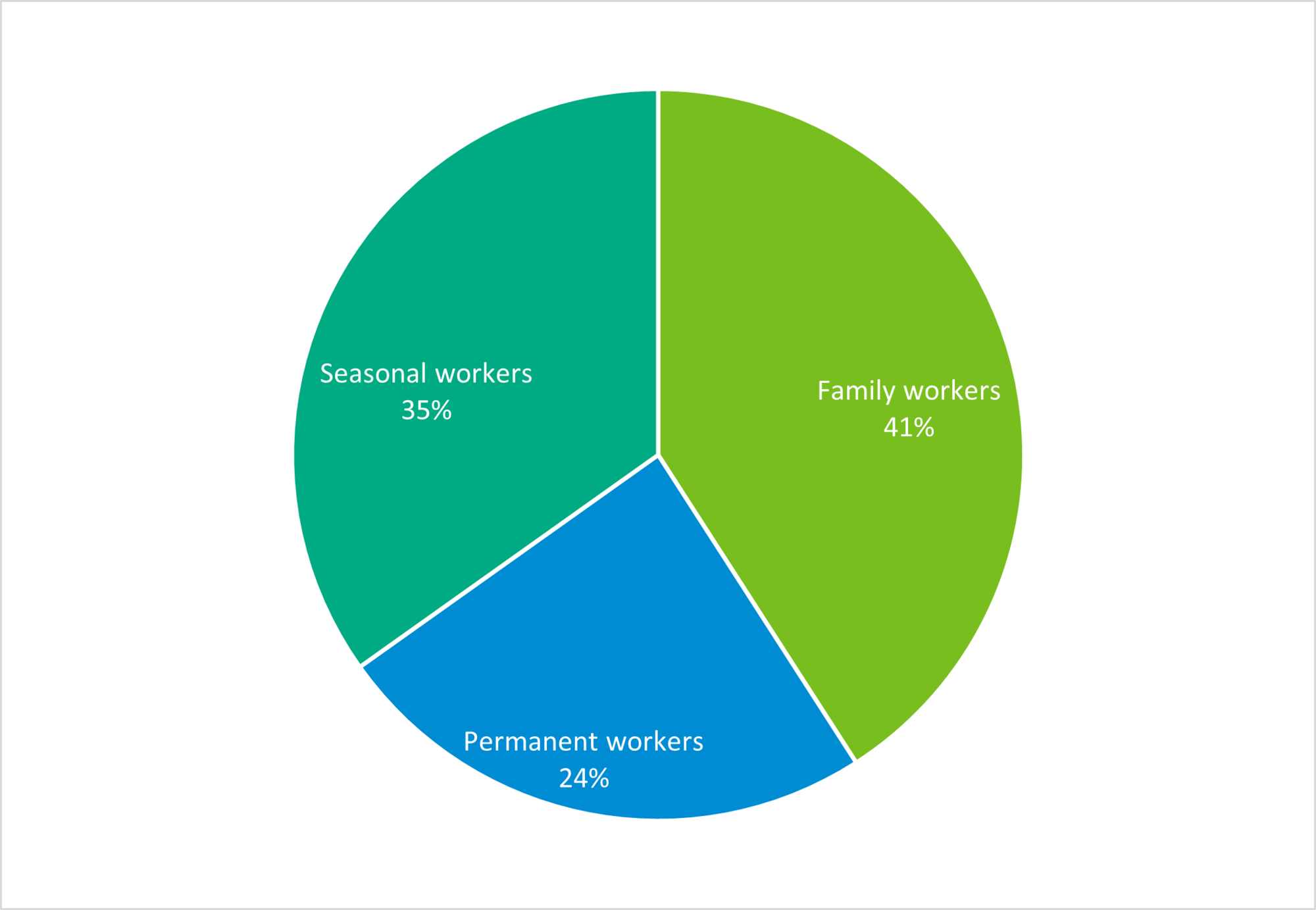 The pie chart shows that 41% of women in agriculture are family members, 35% are seasonal workers and 24% are permanent workers.