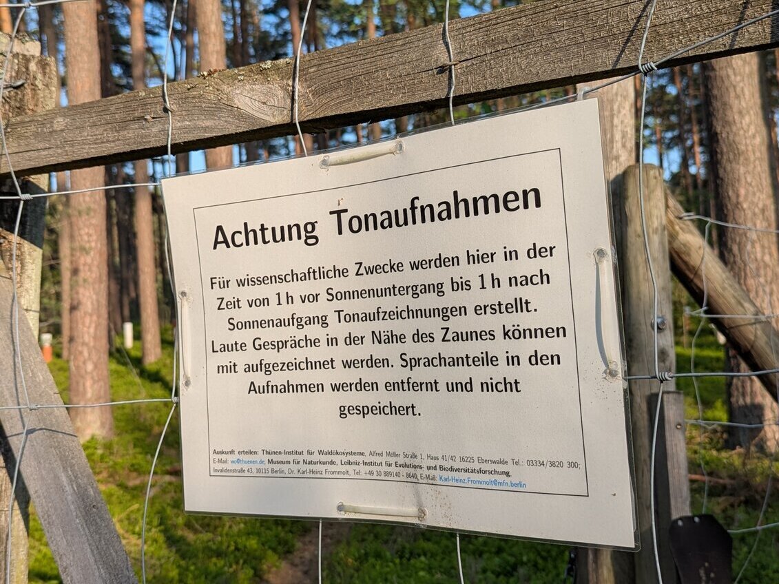 Hinweisschild auf Tonaufnahmen Ein Hinweisschild zum Projekt hängt an einem Zaun im Wald.