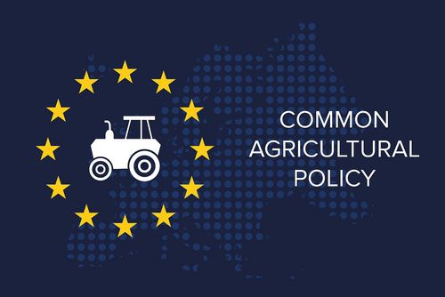 Flagge der Europäischen Union mit einem Trecker in der Mitte der Sterne und rechts daneben die englische Beschriftung: Common Agricultural Policy