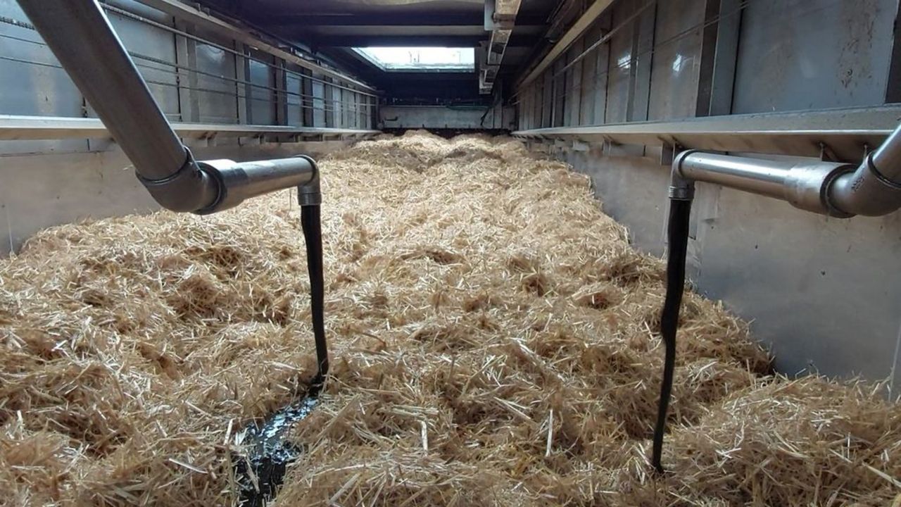 The illustration shows the interior of the composting container when liquid manure is being applied to a bed of straw