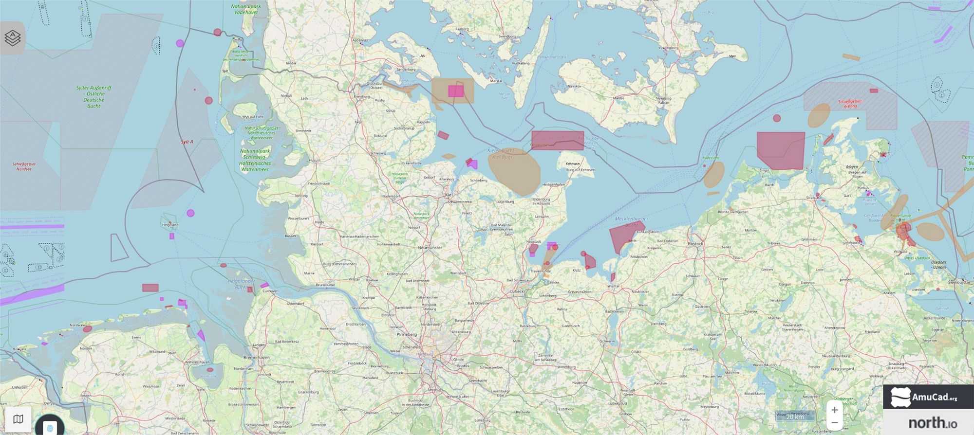 Karte der Nordsee und Ostsee mit munitionsbelasteten Gebieten.