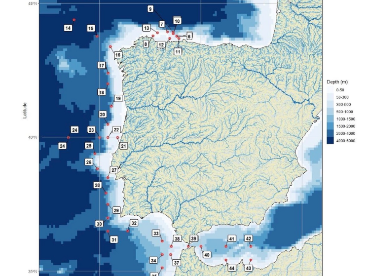 Karte des Untersuchungsgebiets rund um die Iberische Halbinsel mit den 44 Untersuchungs-Stationen. 