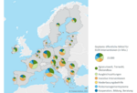 Auf einer Landkarte der EU-Mitgliedstaaten wird der finanzielle Umfang der öffentlichen Mittel und ihre Aufteilung auf ELER-Interventionen in Kreisdiagrammen für jeden Mitgliedsaat dargestellt. 
