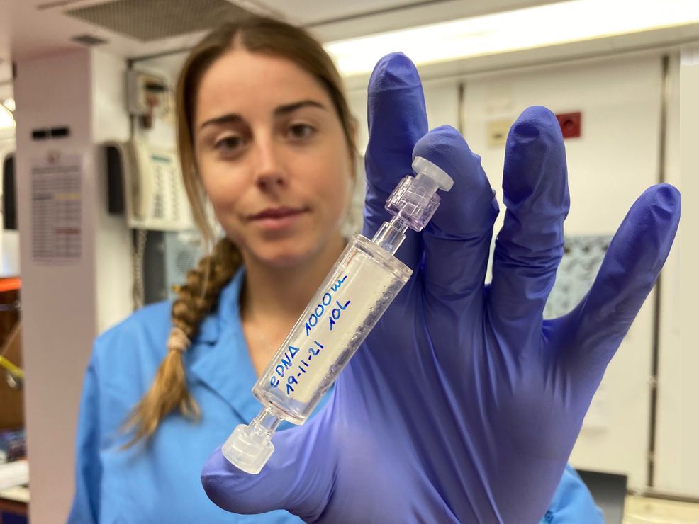 Die Doktorandin Christina Claver zeigt eine gefilterte eDNA-Probe.