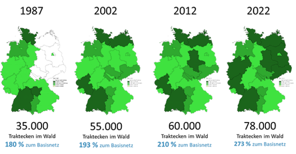 Vier Deutschlandkarten zeigen wo die Dichte der Probenorte in den Jahren 1987, 2002,2012 und 2022