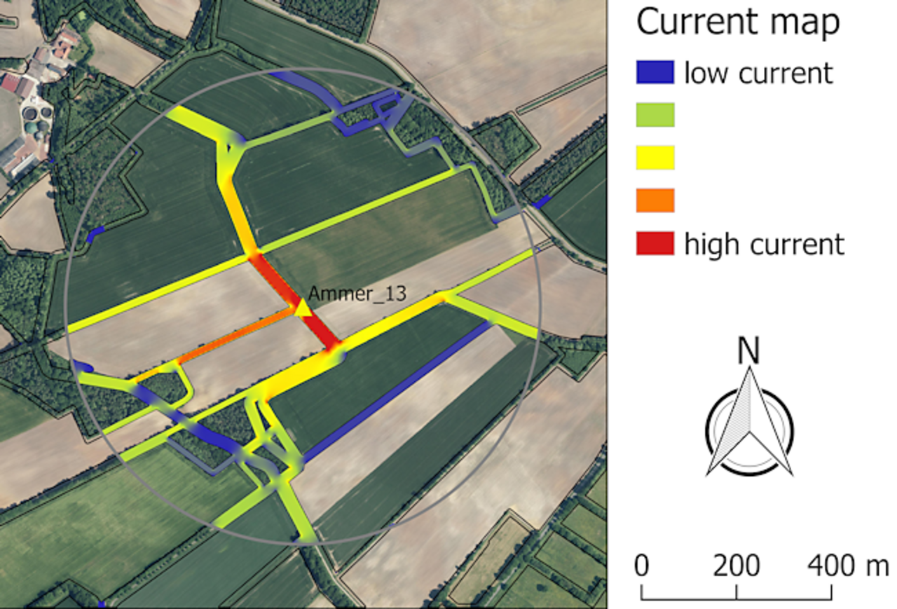 We study the permeability of agricultural landscapes for dispersal of animal and plant species in relation to land-use types and structural elements (field margins, hedges) based on circuit theory (Circuitscape).