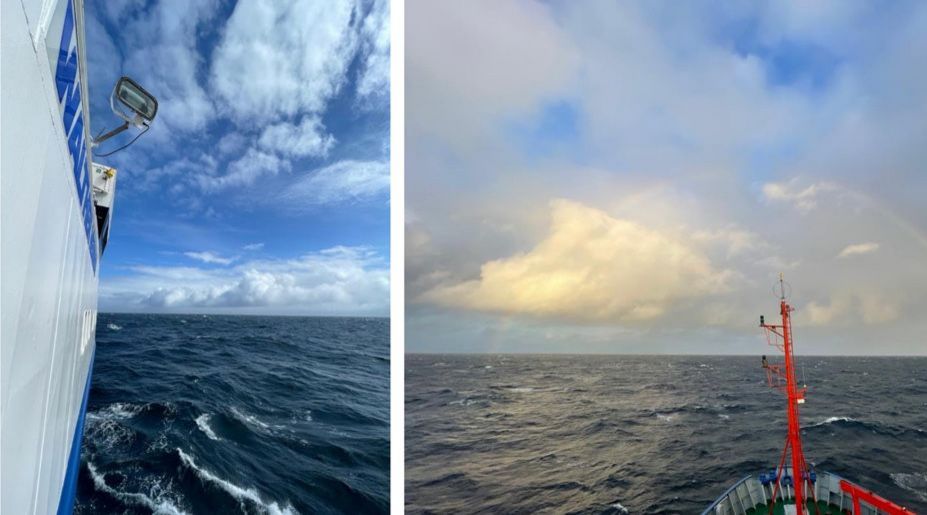 Ein zusammengesetztes Bild aus Bildern von Stimmungen auf See (Wolken, Regenbogen, Sonnenuntergang)