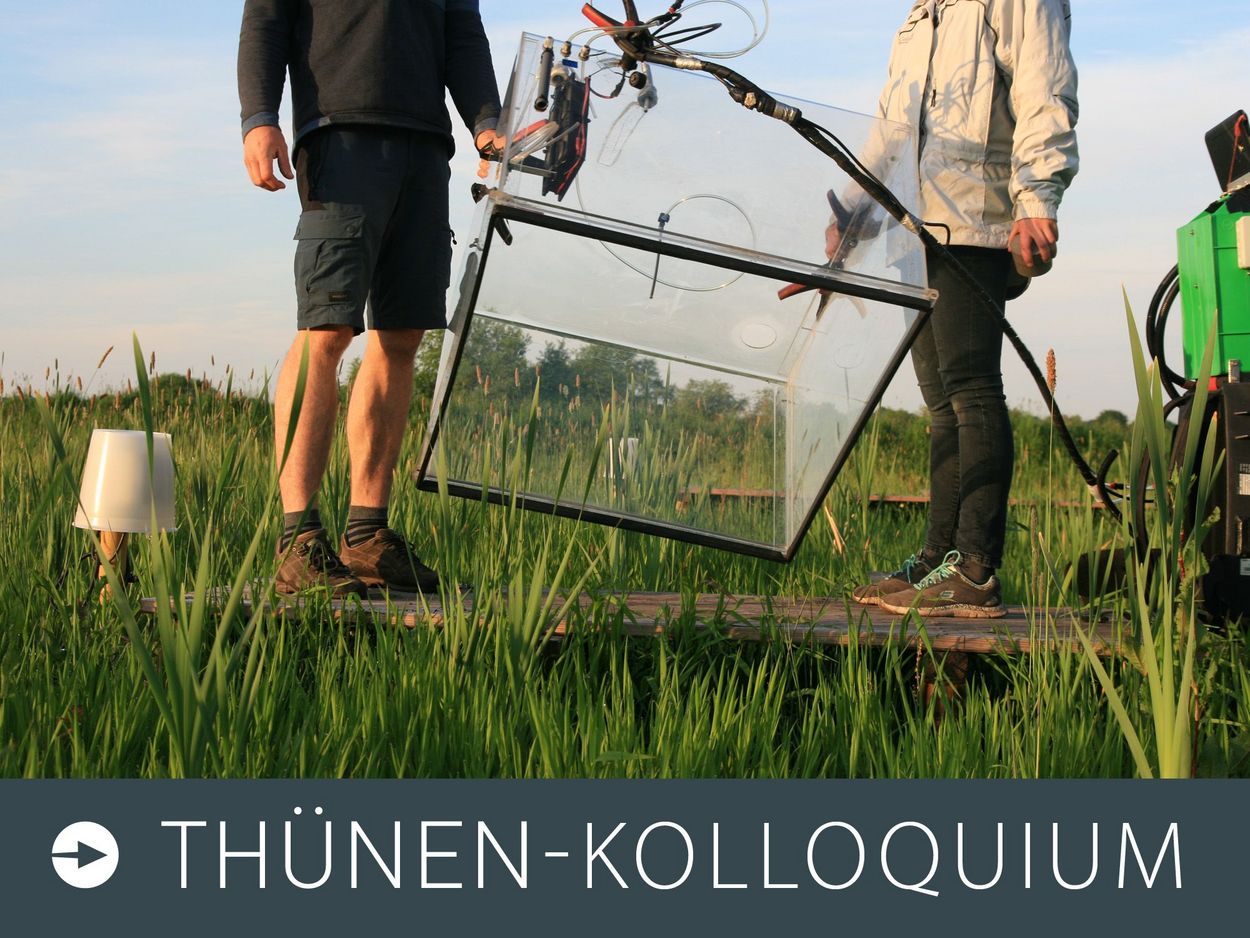 Foto zum Thünen-Kolloquium: Zwei Personen tragen eine aus durchsichtigem Plastik bestehene Messhaube auf ein Feld.