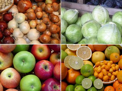 Fotocollage mit zwei Gemüsebildern (Zwiebeln, Kopfkohl) und zwei Obstbildern (Äpfel, Zitrusfrüchte).