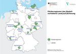 Deutschlandkart mit den Förderregionen des Modellvorhabens Land(auf)Schwung 